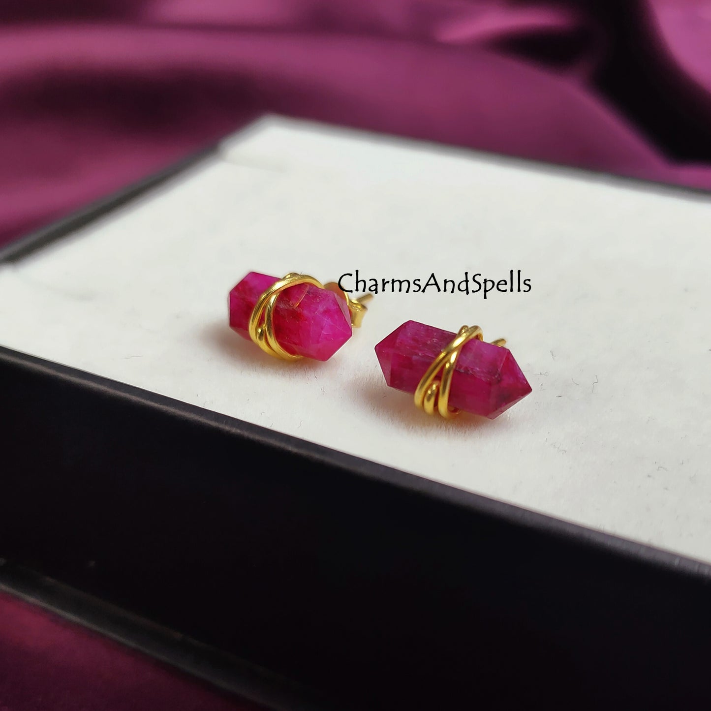 Ruby Double Point Pencil Earrings Studs, July Birthstone, Wedding Gift for Women, Pink Stud Earrings, Dainty Earrings, Gift For Mother, Gift