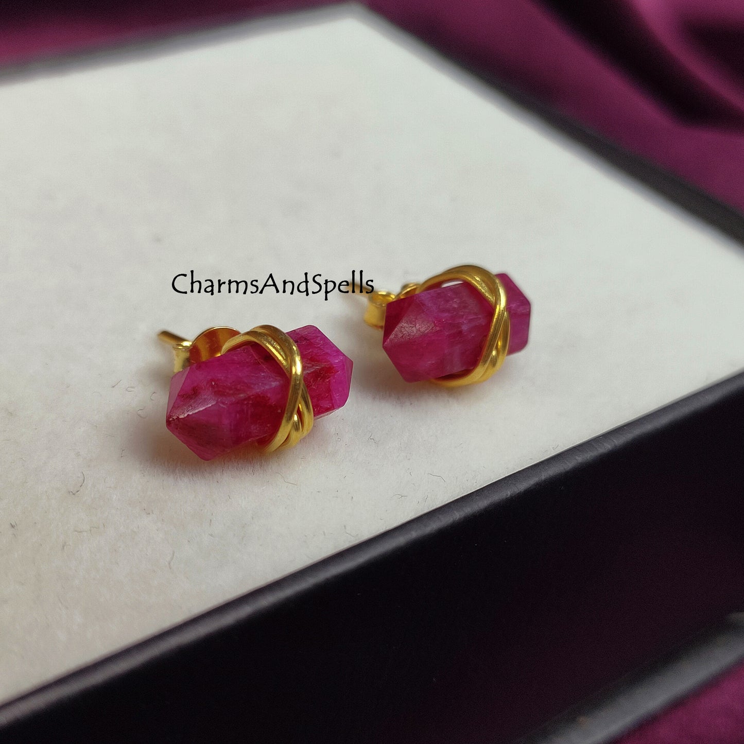 Ruby Double Point Pencil Earrings Studs, July Birthstone, Wedding Gift for Women, Pink Stud Earrings, Dainty Earrings, Gift For Mother, Gift