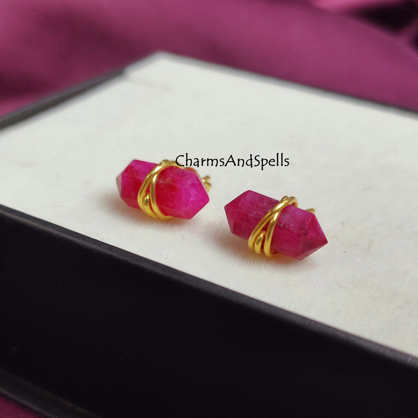 Ruby Double Point Pencil Earrings Studs, July Birthstone, Wedding Gift for Women, Pink Stud Earrings, Dainty Earrings, Gift For Mother, Gift