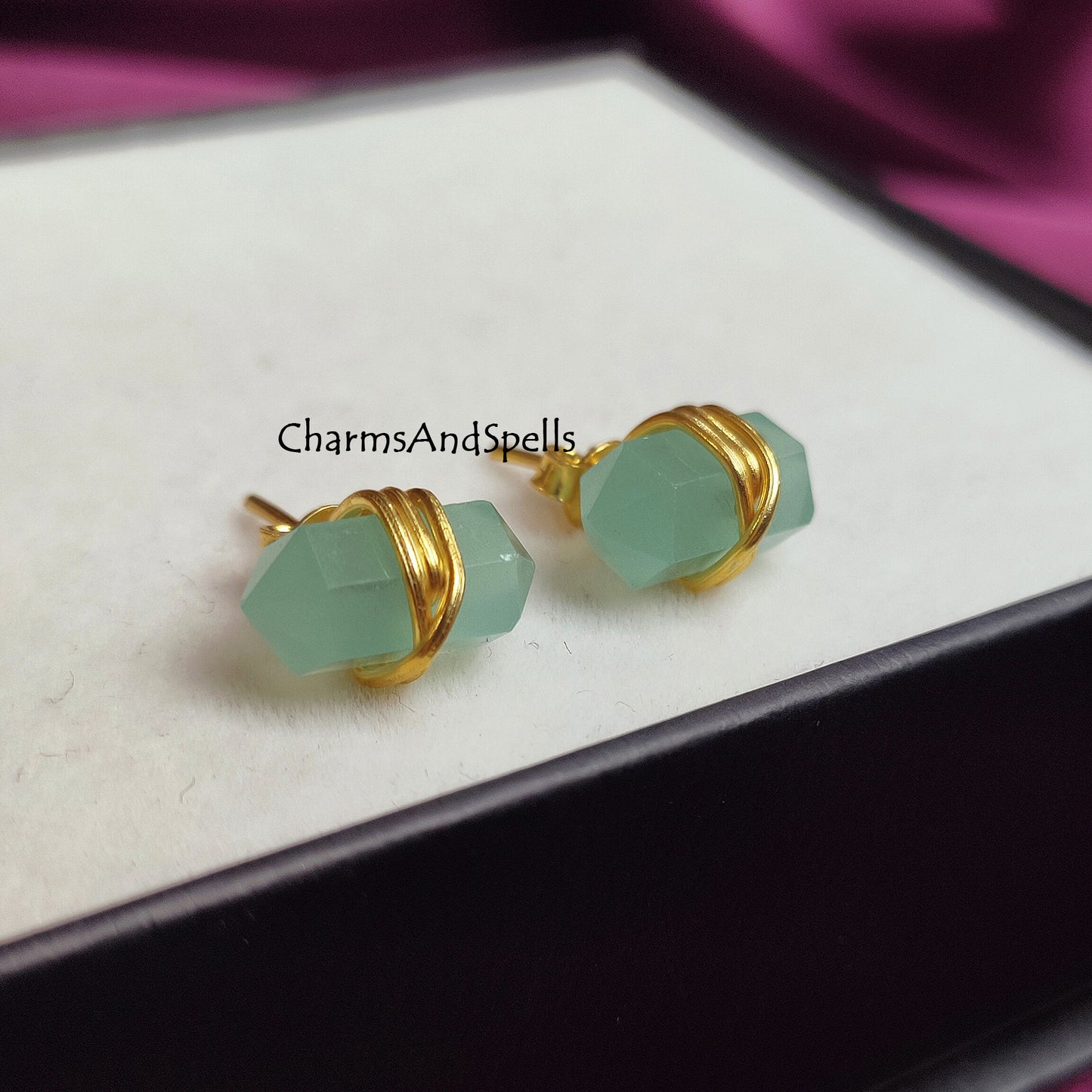 Aqua Chalcedony Studs, Minimalist Jewelry, Dainty Pencil Point Earrings, Boho Chalcedony Stud Earrings, Wire Wrap Earrings, Ethnic Earrings