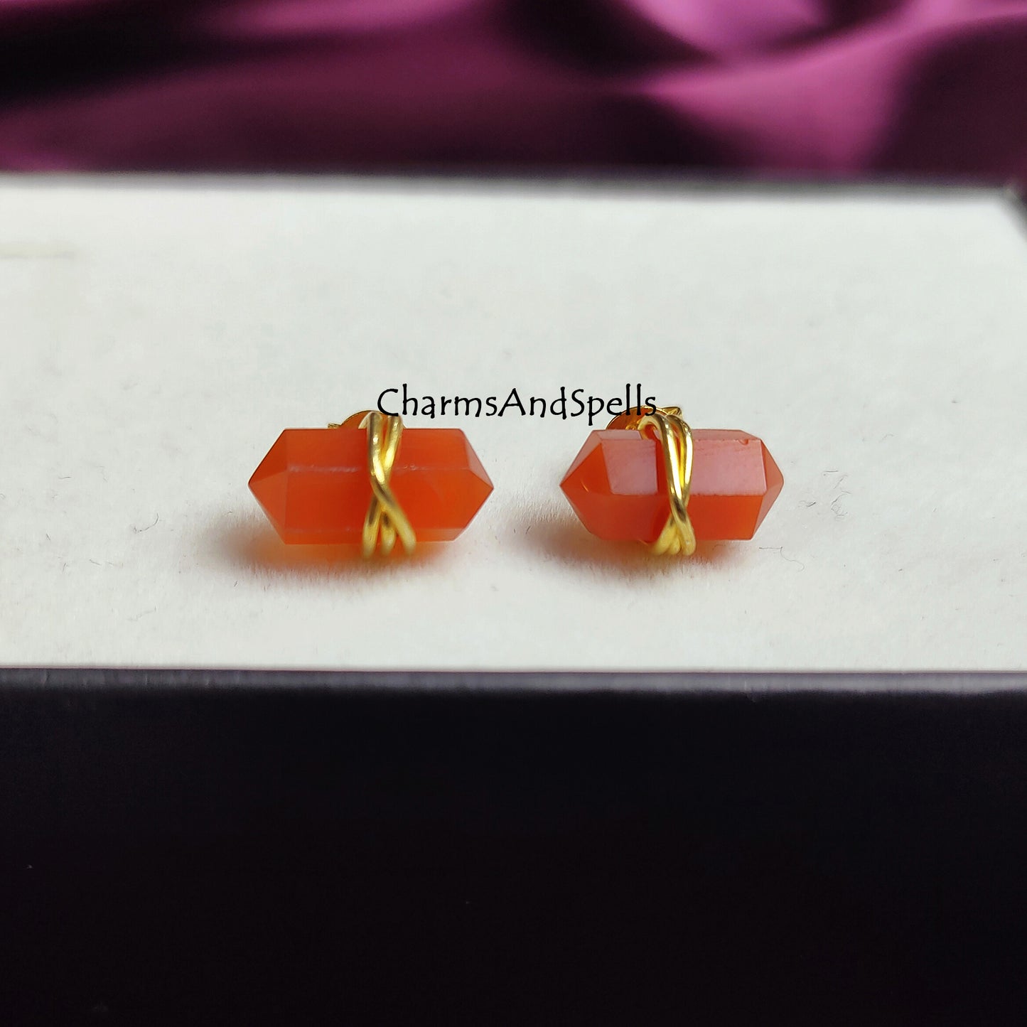 Carnelian Stud Earrings, Orange Studs, Boho Earrings, Minimalist Jewelry, Geometric Natural Stone, Spike Earrings, Pencil Point Studs, Gift