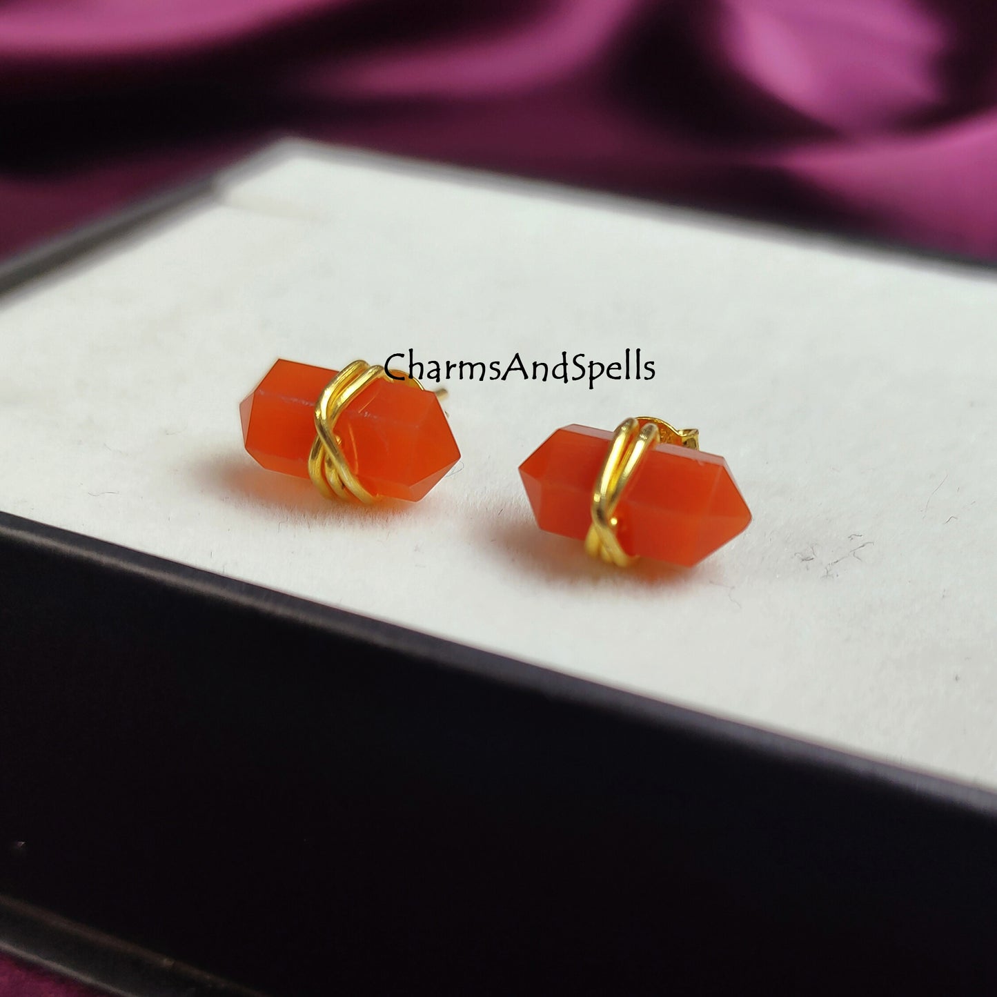 Carnelian Stud Earrings, Orange Studs, Boho Earrings, Minimalist Jewelry, Geometric Natural Stone, Spike Earrings, Pencil Point Studs, Gift