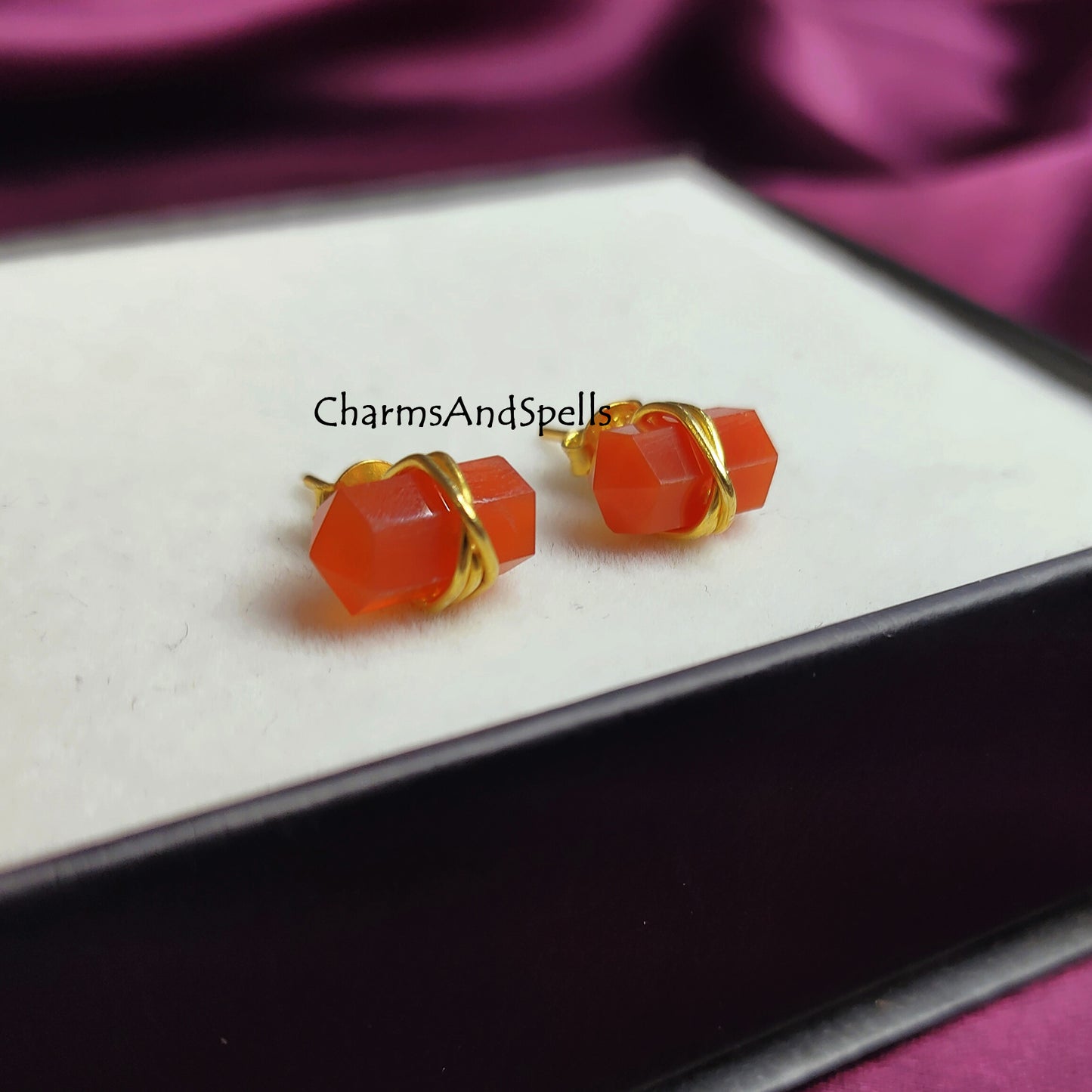 Carnelian Stud Earrings, Orange Studs, Boho Earrings, Minimalist Jewelry, Geometric Natural Stone, Spike Earrings, Pencil Point Studs, Gift