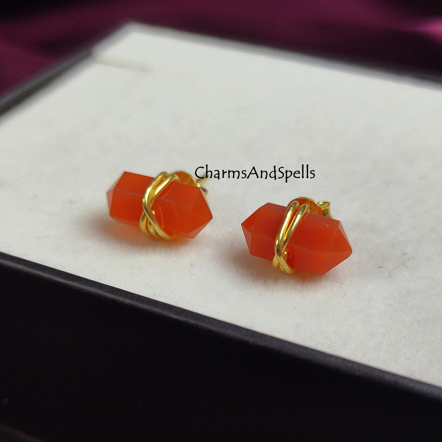 Carnelian Stud Earrings, Orange Studs, Boho Earrings, Minimalist Jewelry, Geometric Natural Stone, Spike Earrings, Pencil Point Studs, Gift