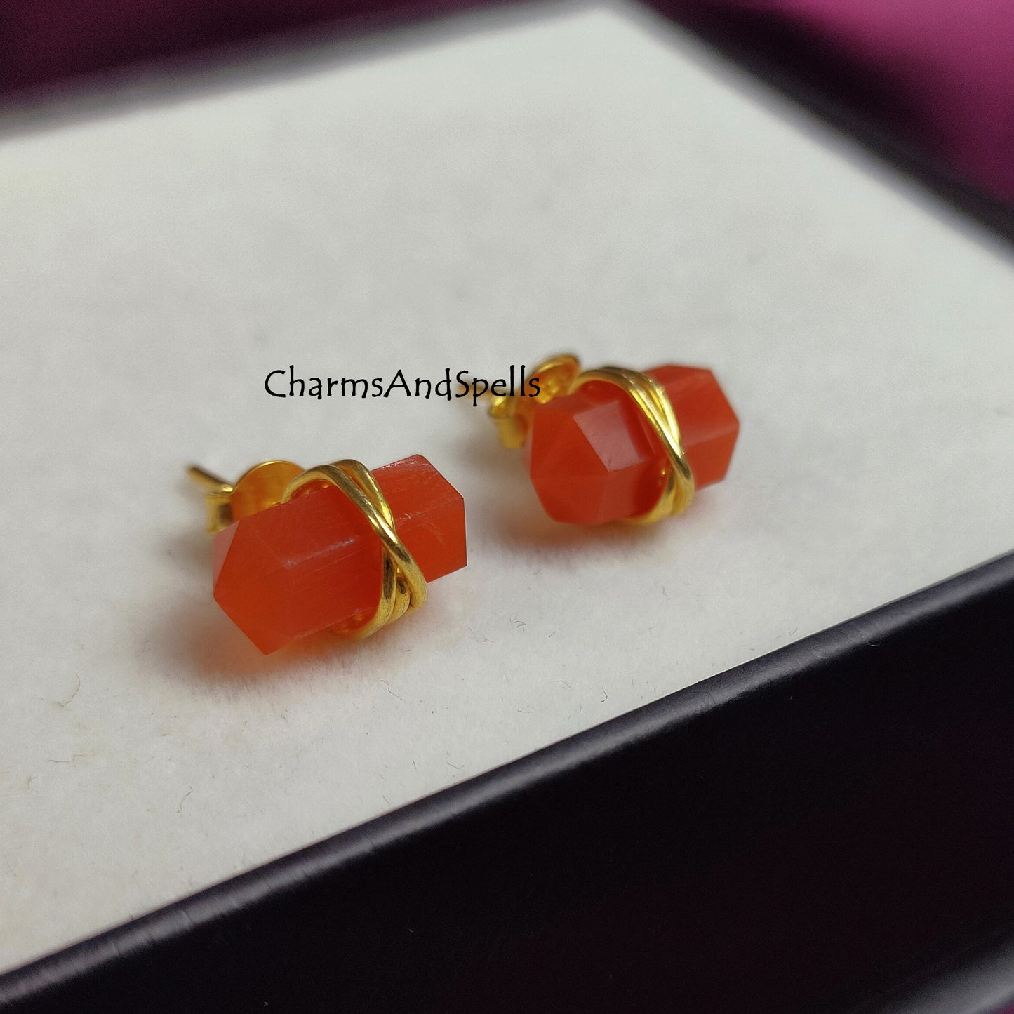 Carnelian Stud Earrings, Orange Studs, Boho Earrings, Minimalist Jewelry, Geometric Natural Stone, Spike Earrings, Pencil Point Studs, Gift