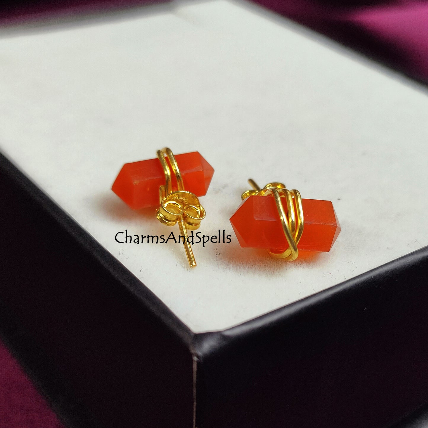 Carnelian Stud Earrings, Orange Studs, Boho Earrings, Minimalist Jewelry, Geometric Natural Stone, Spike Earrings, Pencil Point Studs, Gift