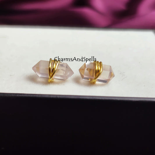 Light Pink Rose Quartz Earring Studs, Stone for Self Love, Dainty Crystal Earrings, Pencil Point Studs, Heart Chakra Stone, Gifts for Her