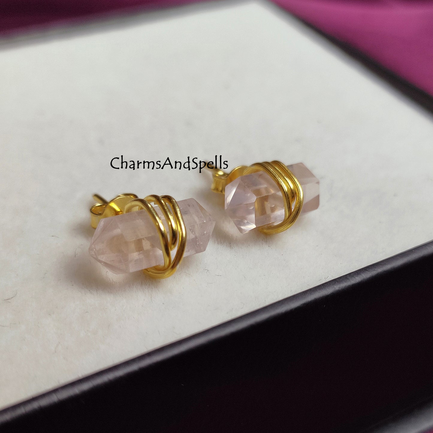 Light Pink Rose Quartz Earring Studs, Stone for Self Love, Dainty Crystal Earrings, Pencil Point Studs, Heart Chakra Stone, Gifts for Her