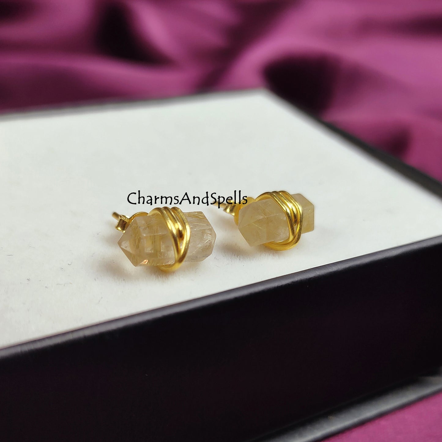 Natural Golden Rutile Stud Earrings, Pencil Point Studs, Wire Wrap Jewelry, Fashion Earrings, Trendy Gift For Summer, Jewelry For Women