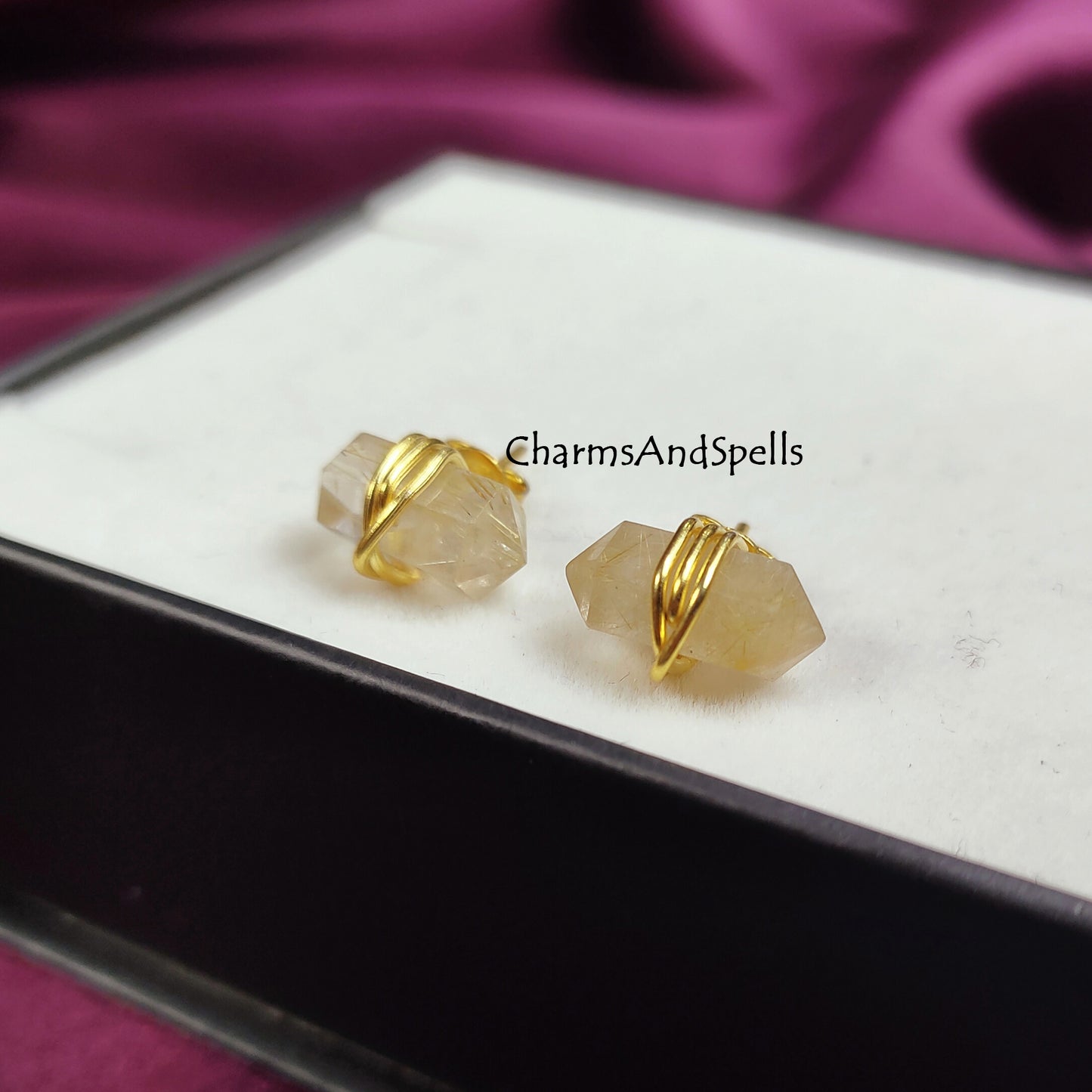 Natural Golden Rutile Stud Earrings, Pencil Point Studs, Wire Wrap Jewelry, Fashion Earrings, Trendy Gift For Summer, Jewelry For Women