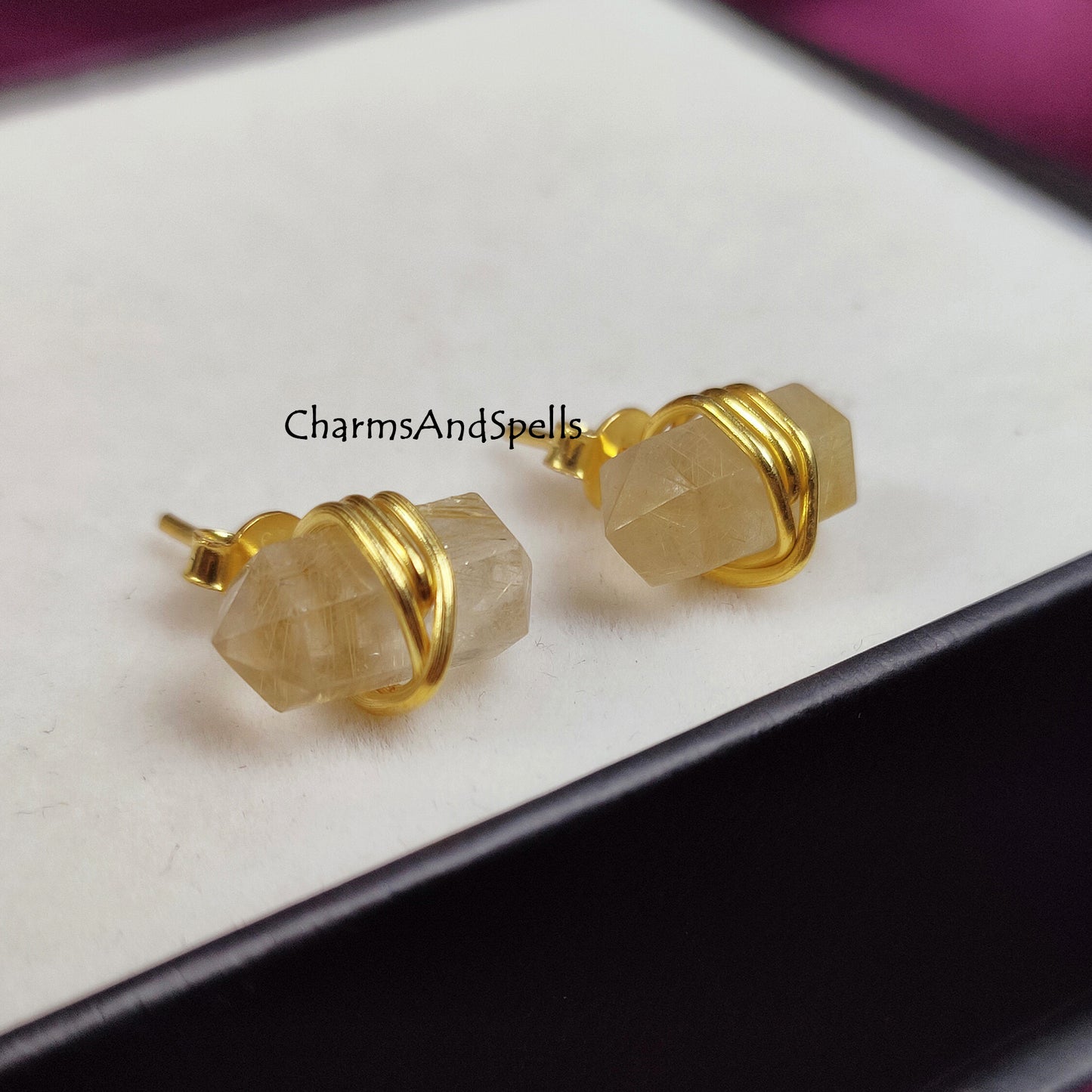 Natural Golden Rutile Stud Earrings, Pencil Point Studs, Wire Wrap Jewelry, Fashion Earrings, Trendy Gift For Summer, Jewelry For Women