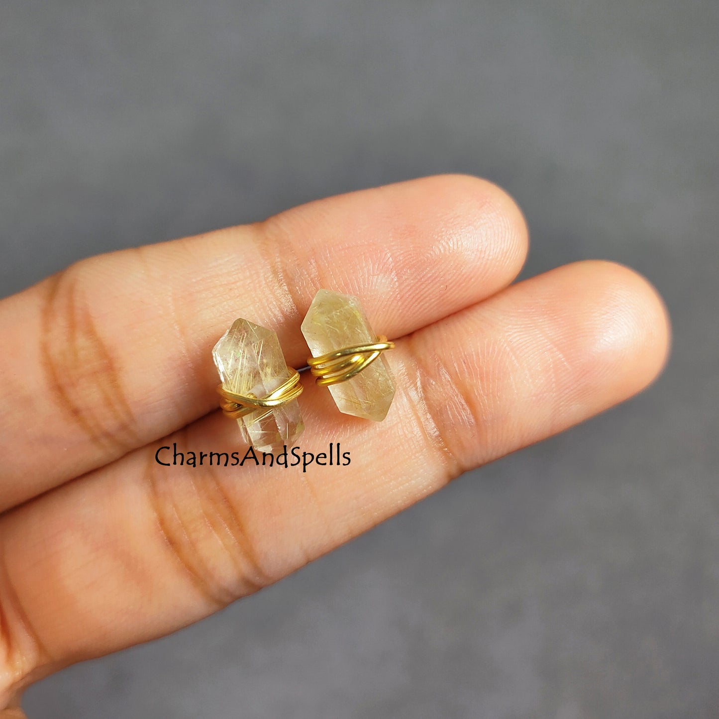 Natural Golden Rutile Stud Earrings, Pencil Point Studs, Wire Wrap Jewelry, Fashion Earrings, Trendy Gift For Summer, Jewelry For Women