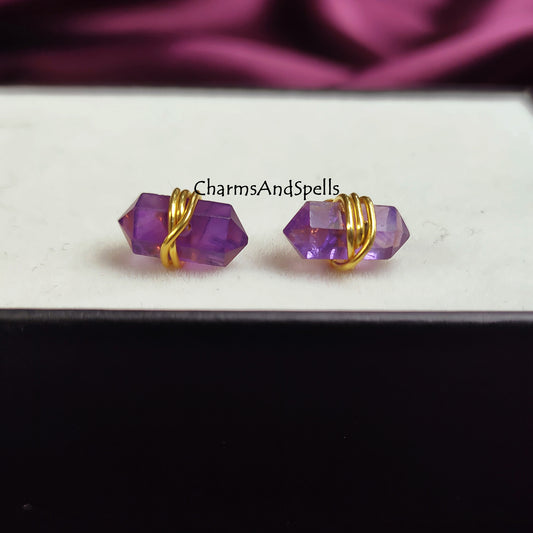 Amethyst Stud Earrings, February Birthstone Studs, Pencil Point Earrings Studs, Boho Jewelry, Minimalist Studs, Geometric Natural Stone,Gift