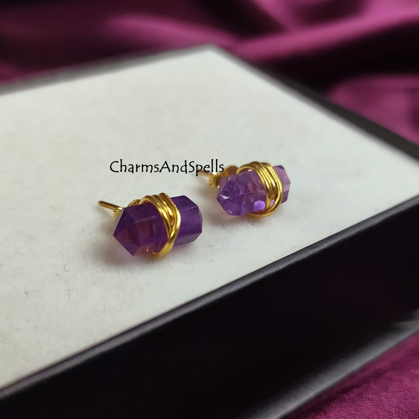 Amethyst Stud Earrings, February Birthstone Studs, Pencil Point Earrings Studs, Boho Jewelry, Minimalist Studs, Geometric Natural Stone,Gift