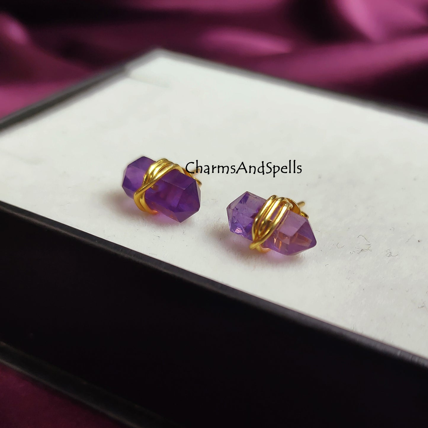 Amethyst Stud Earrings, February Birthstone Studs, Pencil Point Earrings Studs, Boho Jewelry, Minimalist Studs, Geometric Natural Stone,Gift