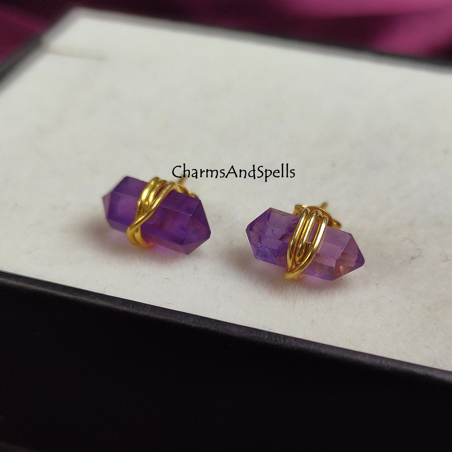 Amethyst Stud Earrings, February Birthstone Studs, Pencil Point Earrings Studs, Boho Jewelry, Minimalist Studs, Geometric Natural Stone,Gift