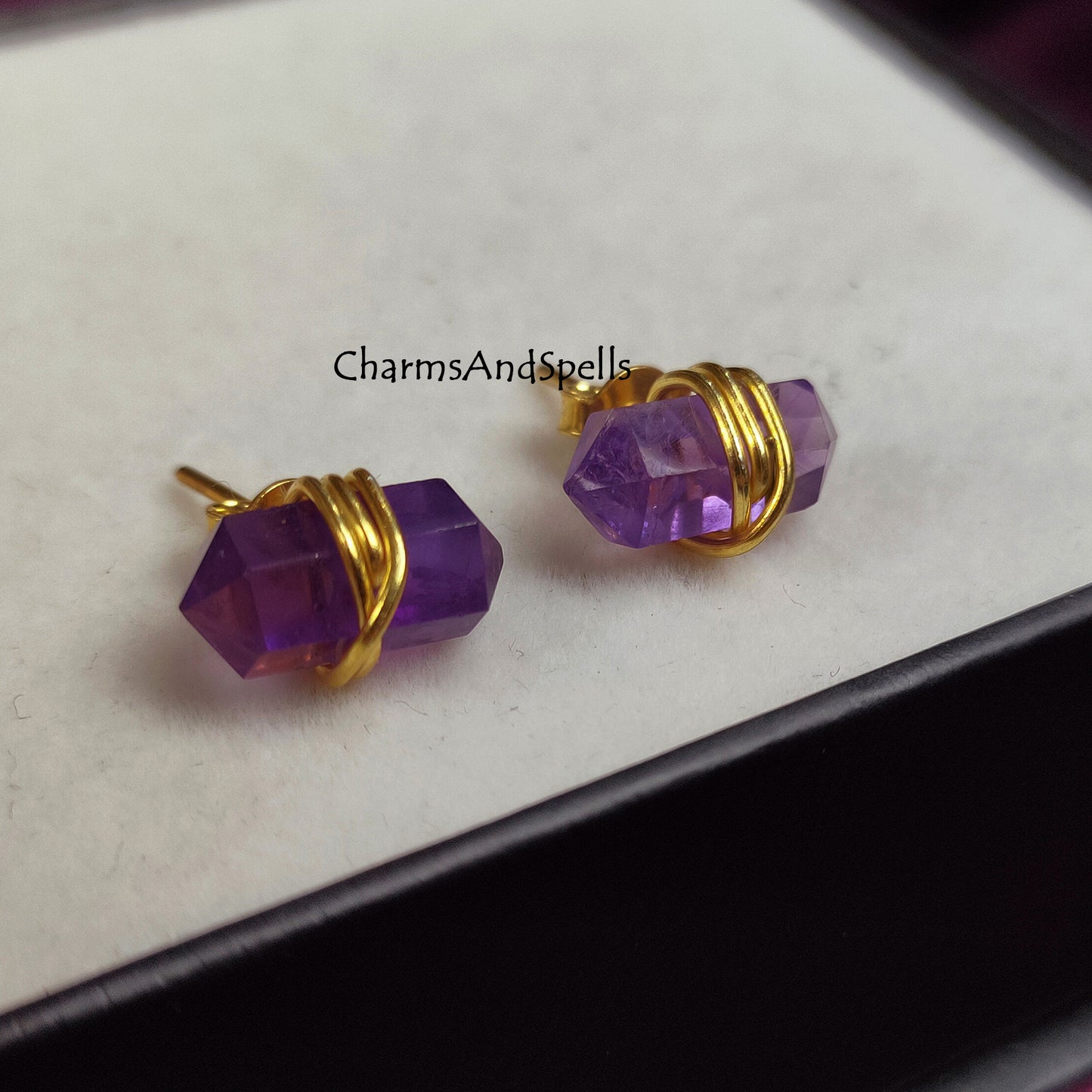 Amethyst Stud Earrings, February Birthstone Studs, Pencil Point Earrings Studs, Boho Jewelry, Minimalist Studs, Geometric Natural Stone,Gift