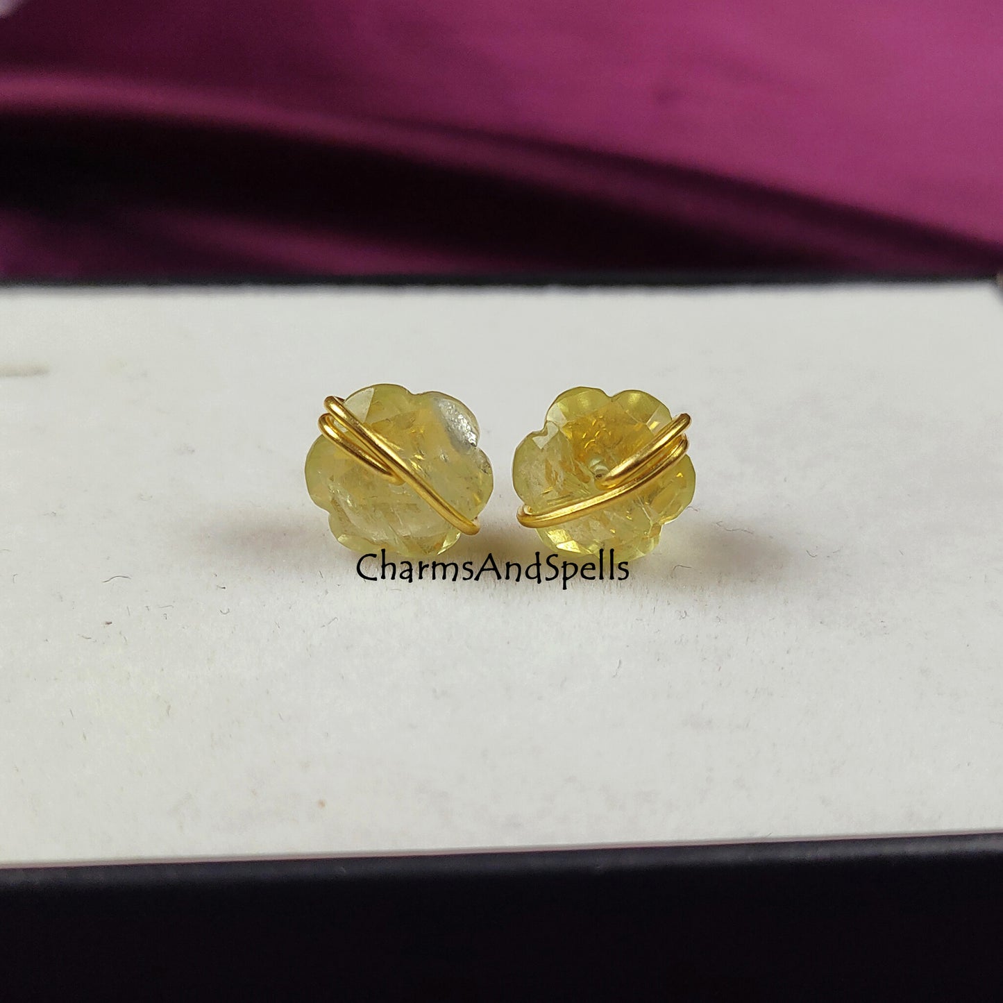 Dainty Lemon Quartz Stud Earrings, Lemon Quartz Birthstone, Wire Wrap Flower Earrings, Lemon Stone, Bohemian Jewelry, Gemstone Studs, Gift