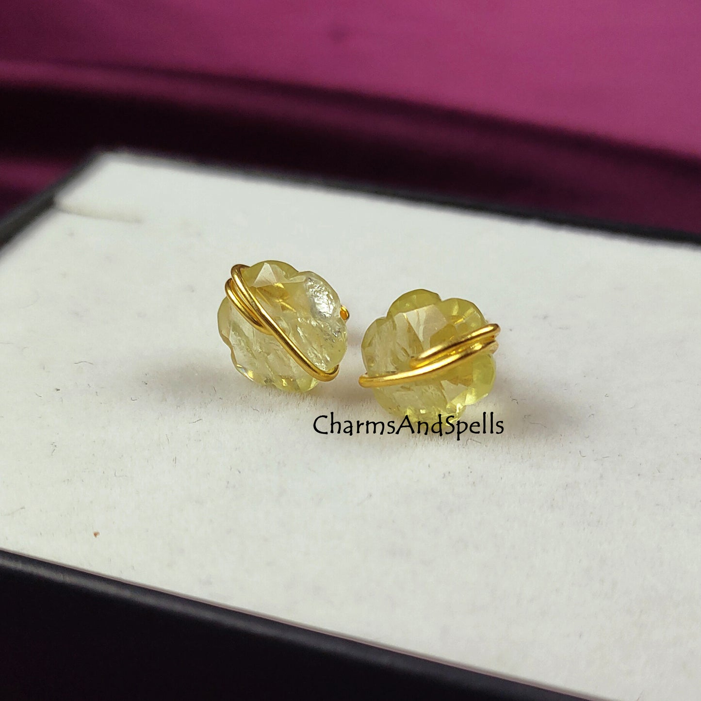 Dainty Lemon Quartz Stud Earrings, Lemon Quartz Birthstone, Wire Wrap Flower Earrings, Lemon Stone, Bohemian Jewelry, Gemstone Studs, Gift