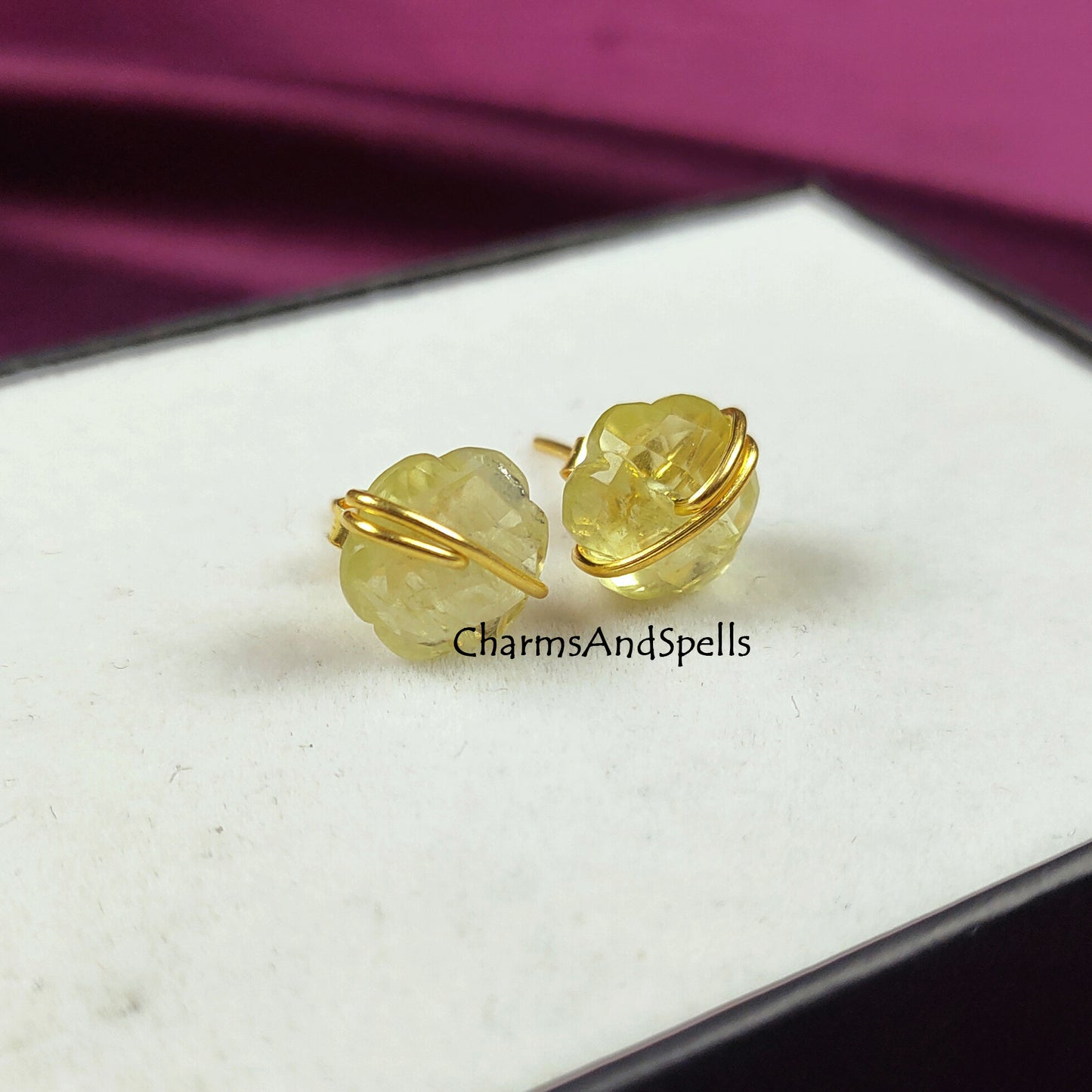 Dainty Lemon Quartz Stud Earrings, Lemon Quartz Birthstone, Wire Wrap Flower Earrings, Lemon Stone, Bohemian Jewelry, Gemstone Studs, Gift