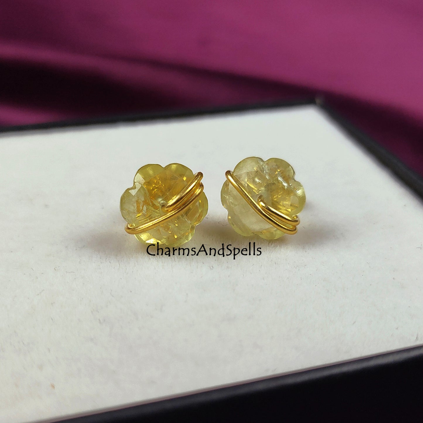 Dainty Lemon Quartz Stud Earrings, Lemon Quartz Birthstone, Wire Wrap Flower Earrings, Lemon Stone, Bohemian Jewelry, Gemstone Studs, Gift