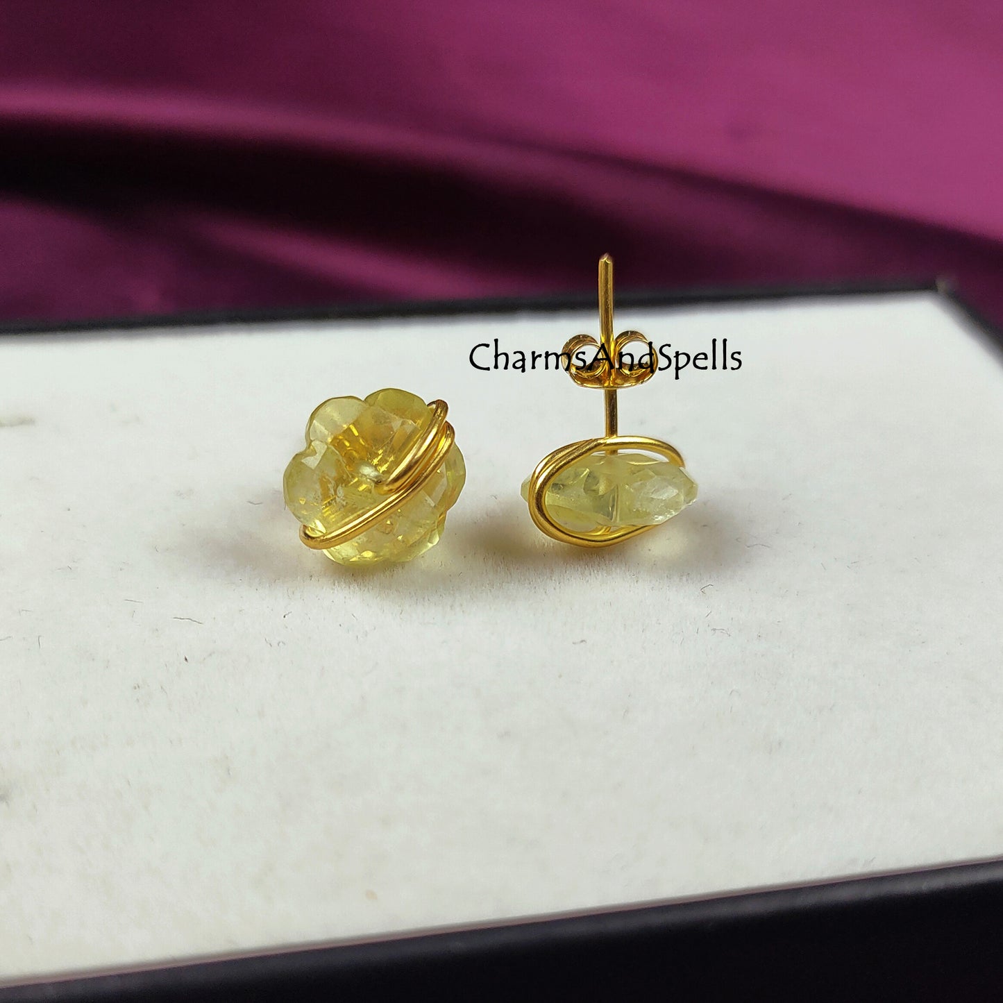 Dainty Lemon Quartz Stud Earrings, Lemon Quartz Birthstone, Wire Wrap Flower Earrings, Lemon Stone, Bohemian Jewelry, Gemstone Studs, Gift