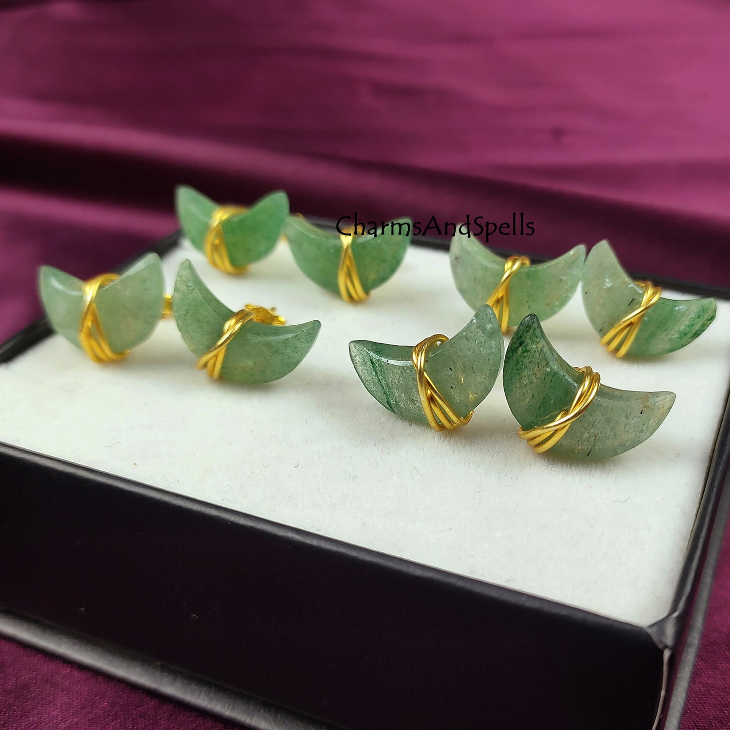 Green Aventurine Moon Stud Earrings | Wire Wrapped Crescent Healing Gemstone