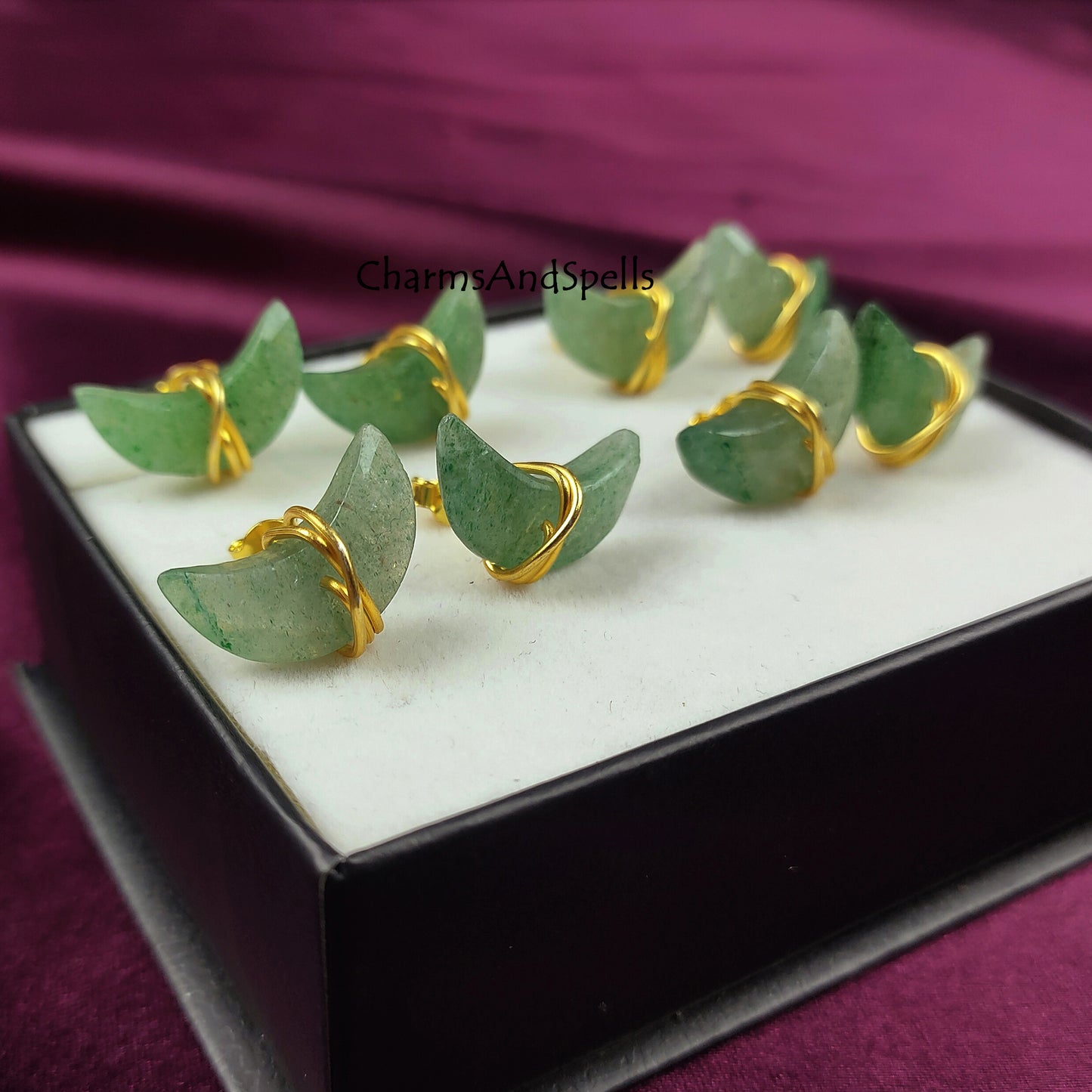 Green Aventurine Moon Stud Earrings | Wire Wrapped Crescent Healing Gemstone