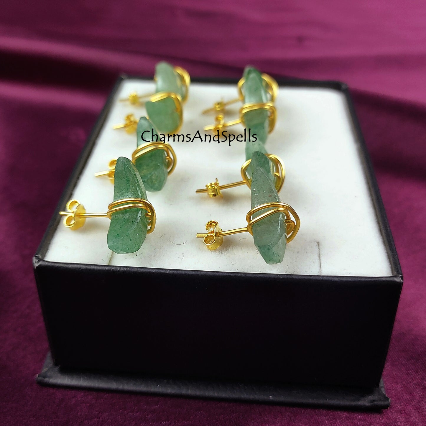 Green Aventurine Moon Stud Earrings | Wire Wrapped Crescent Healing Gemstone