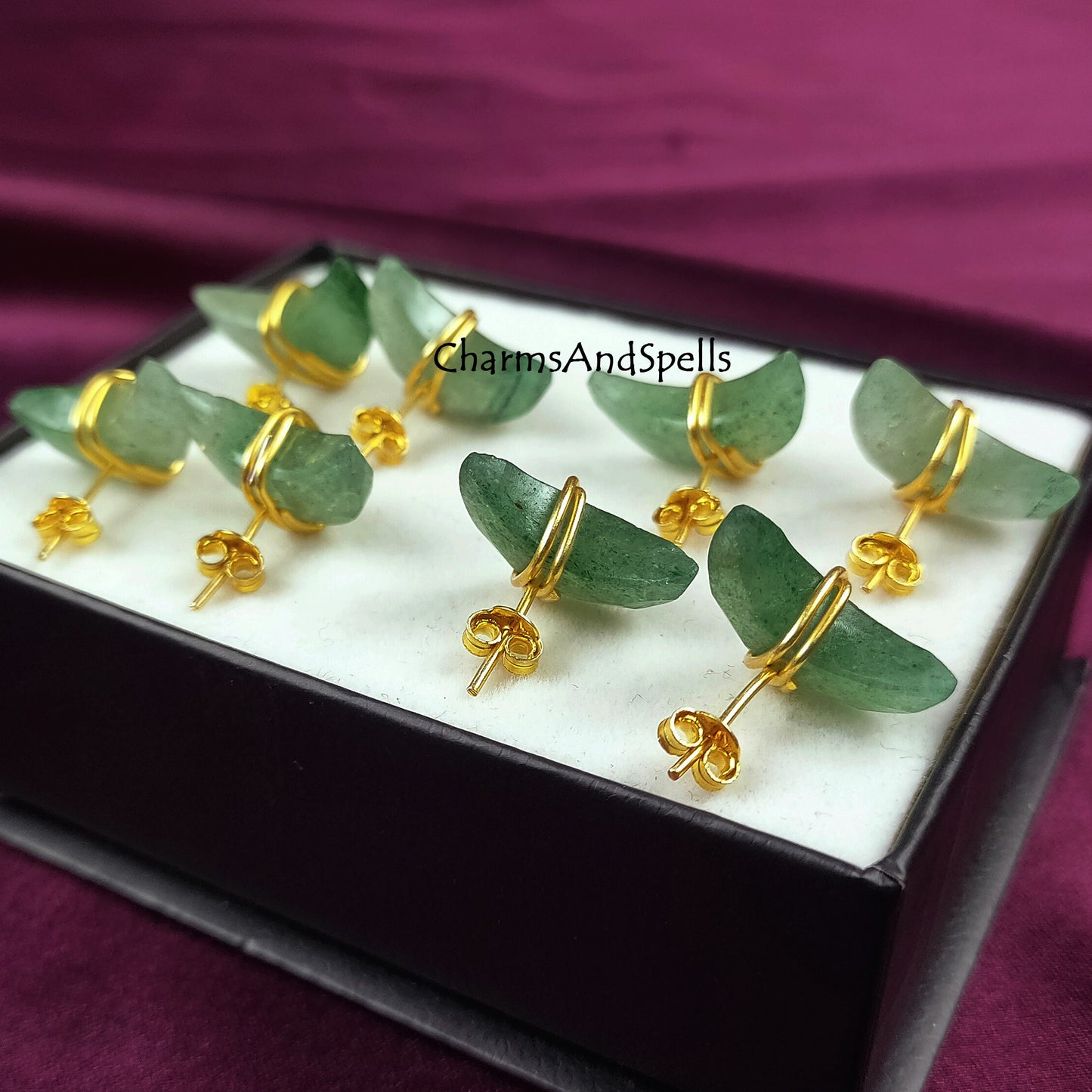 Green Aventurine Moon Stud Earrings | Wire Wrapped Crescent Healing Gemstone