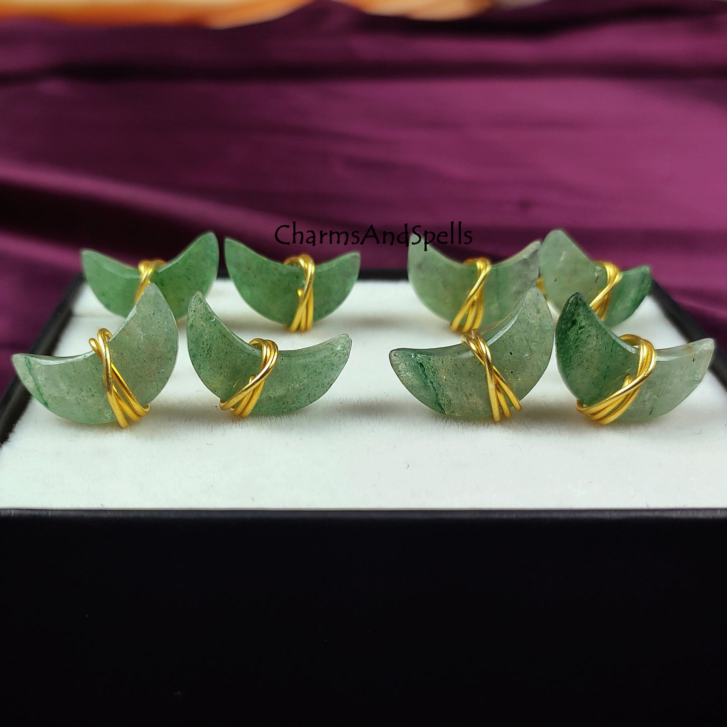 Green Aventurine Moon Stud Earrings | Wire Wrapped Crescent Healing Gemstone