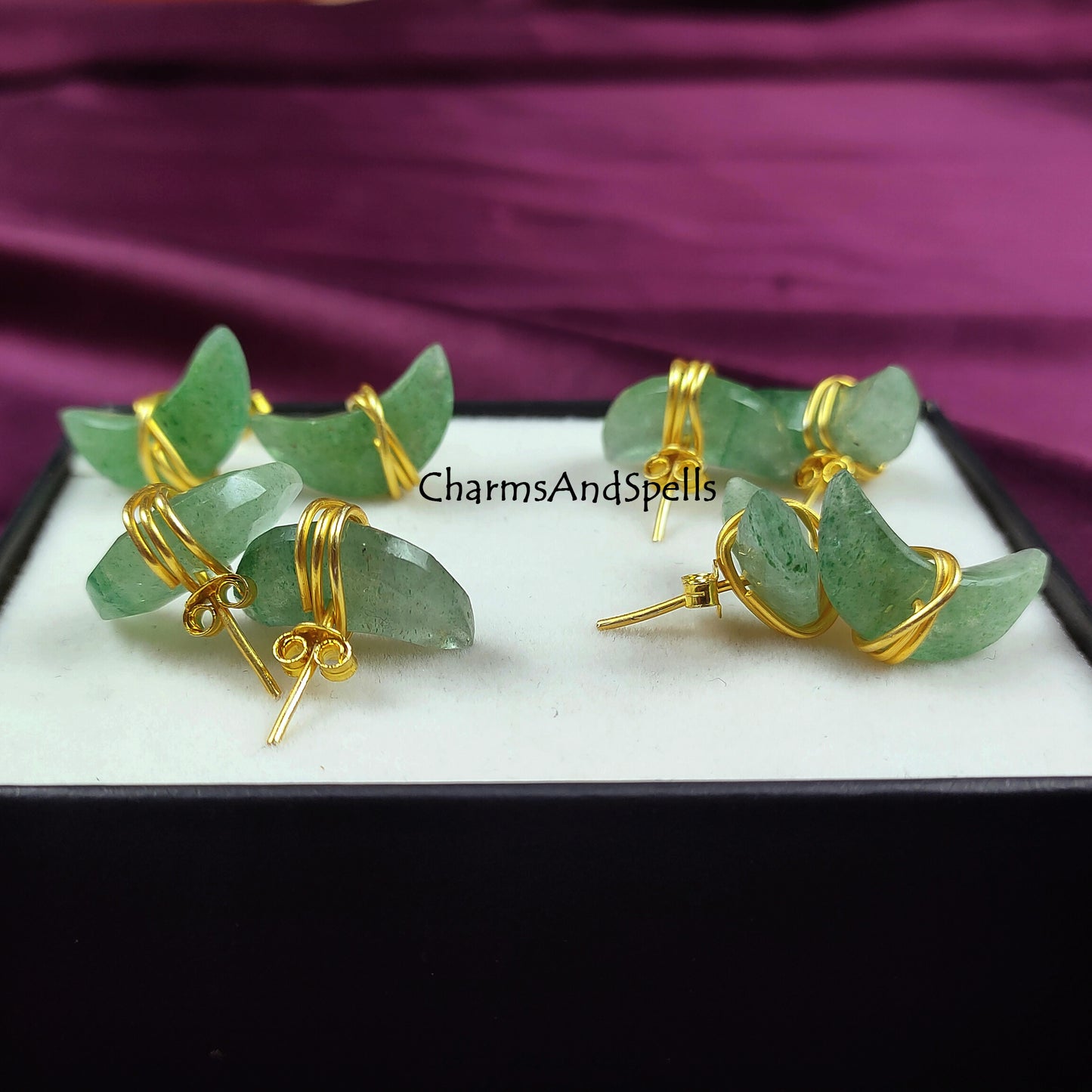 Green Aventurine Moon Stud Earrings | Wire Wrapped Crescent Healing Gemstone