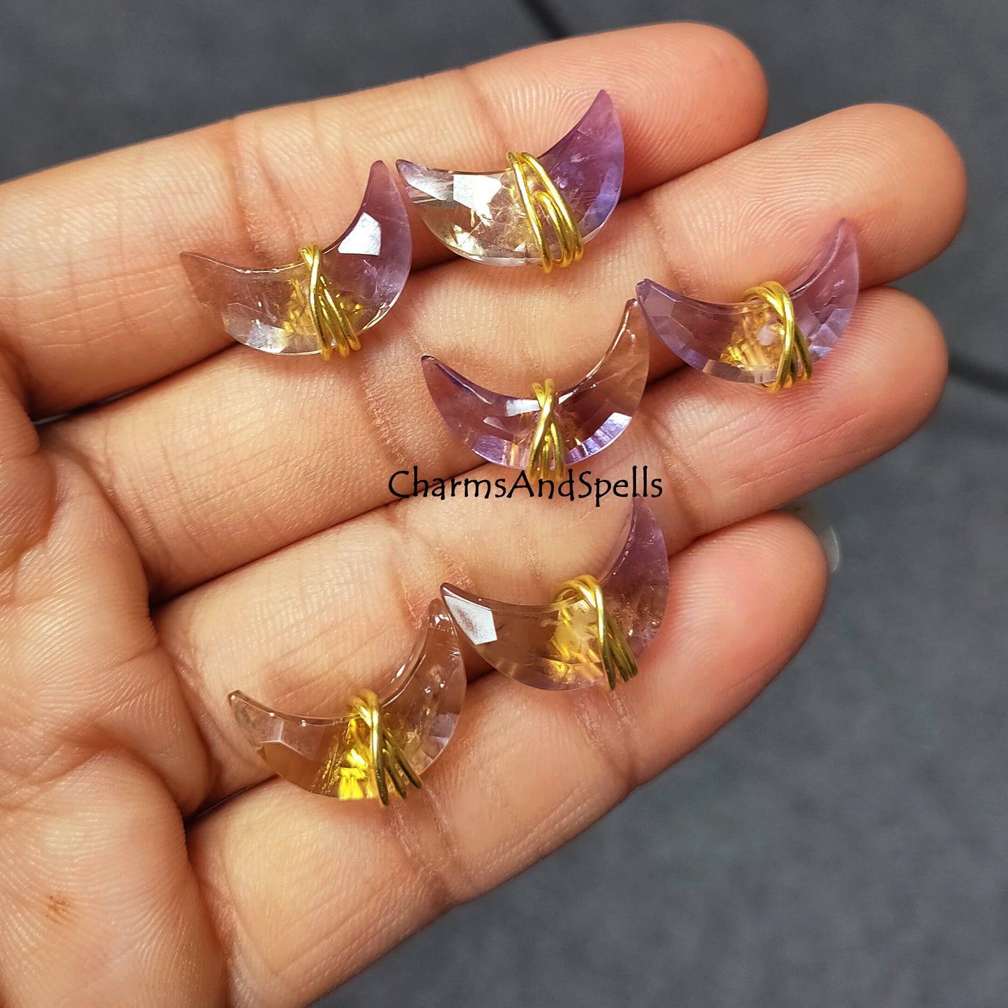 Natural Ametrine Studs, Moon Shape Gemstone Earrings, 14K Gold Plated Handmade Crystal Posts, Gift For Wife, Healing Gemstone Earrings Studs