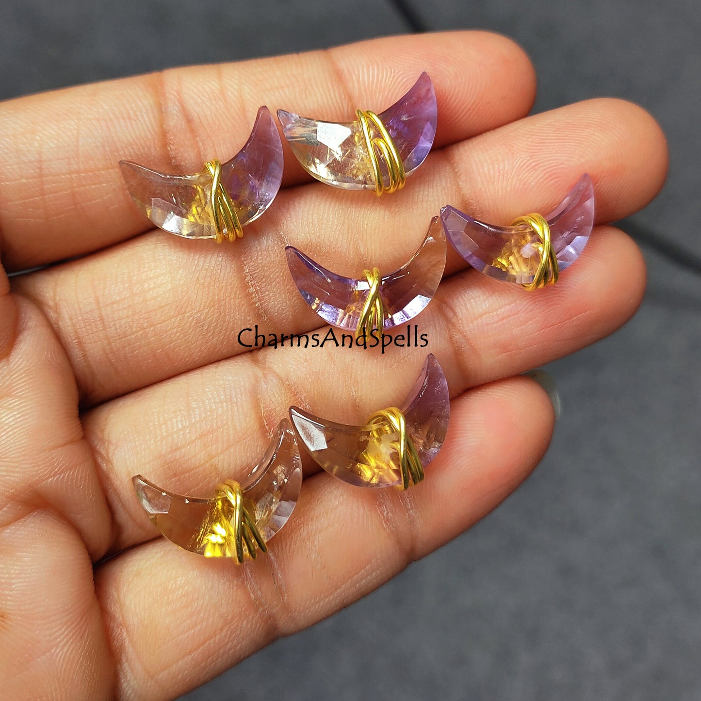 Natural Ametrine Studs, Moon Shape Gemstone Earrings, 14K Gold Plated Handmade Crystal Posts, Gift For Wife, Healing Gemstone Earrings Studs