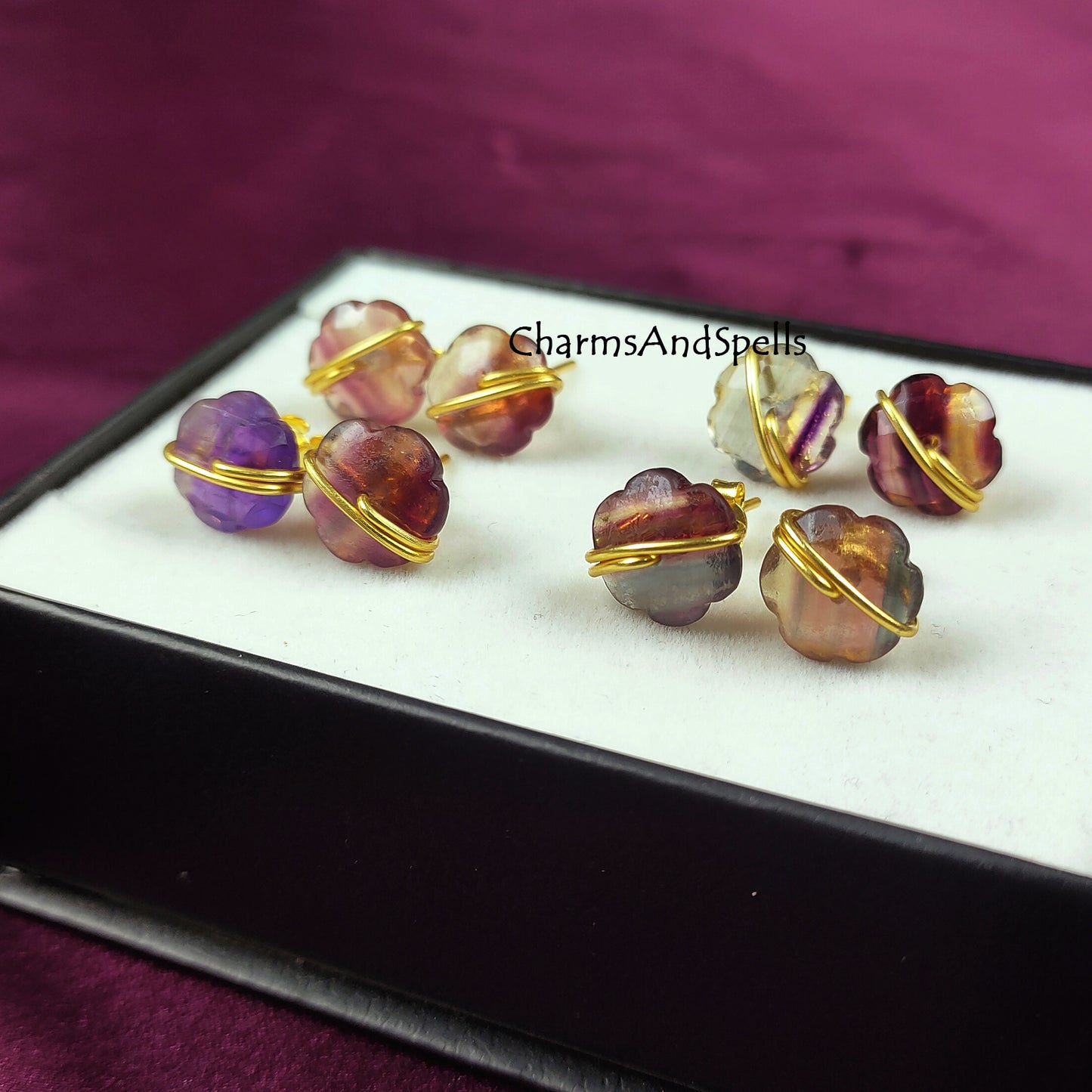 Fluorite Stud Earrings, Flower Shape Gemstone Post Earrings, Fluorite Healing Crystal Earrings, Natural Rainbow Fluorite Earrings, Gift