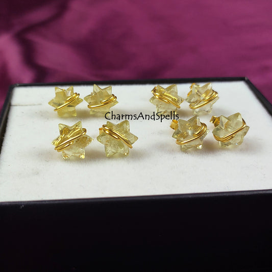 Natural Gemstone Lemon Quartz Star Studs, Statement Earrings, Bright Vivid Yellow Statement Earrings for Women, Wire Wrap Studs, Gift Idea