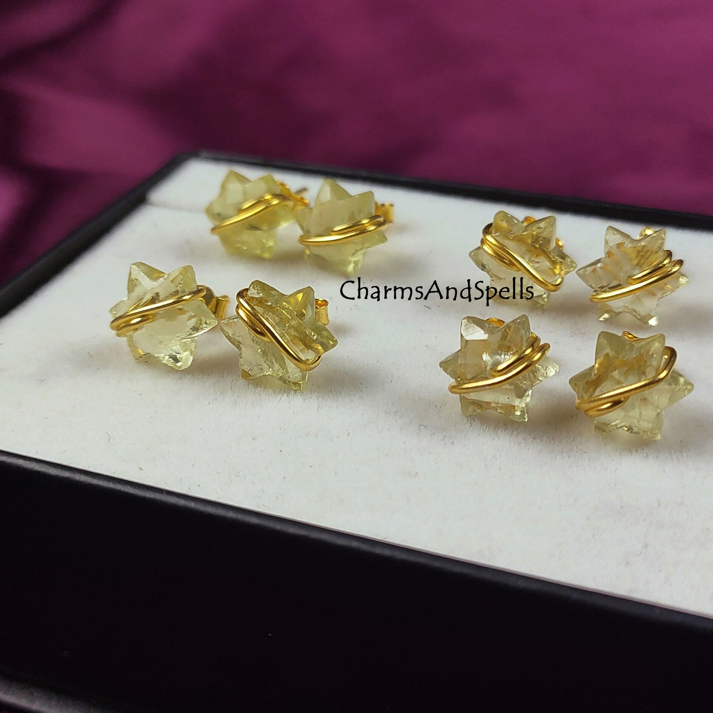 Natural Gemstone Lemon Quartz Star Studs, Statement Earrings, Bright Vivid Yellow Statement Earrings for Women, Wire Wrap Studs, Gift Idea