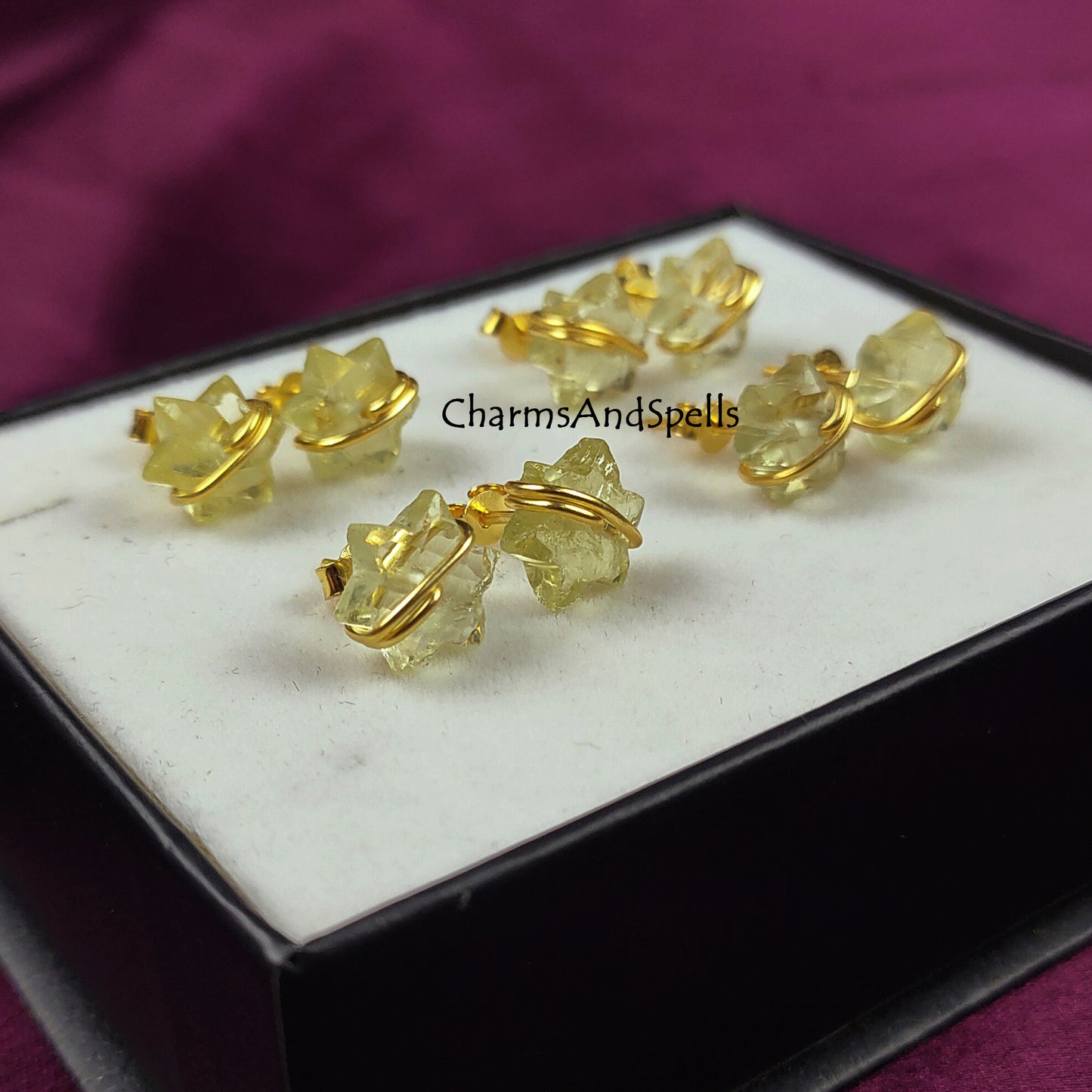 Natural Gemstone Lemon Quartz Star Studs, Statement Earrings, Bright Vivid Yellow Statement Earrings for Women, Wire Wrap Studs, Gift Idea