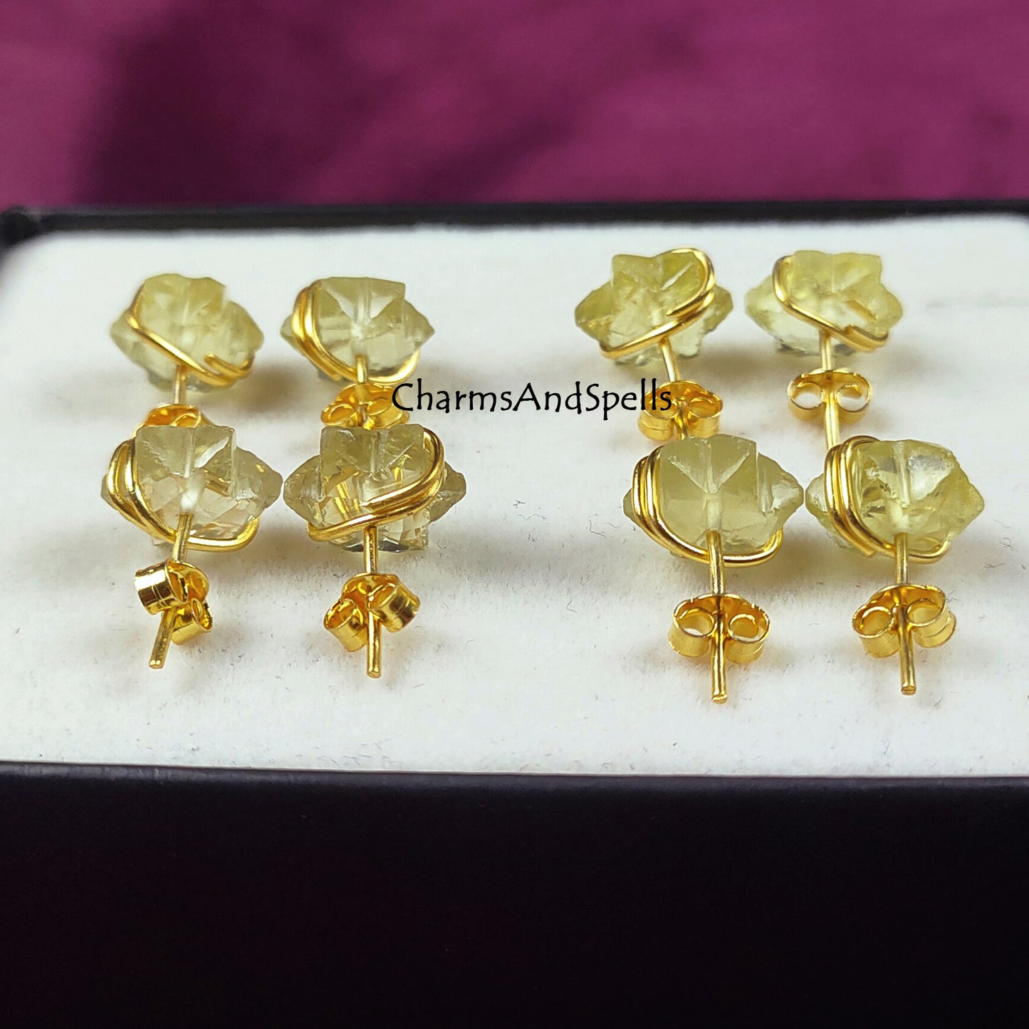 Natural Gemstone Lemon Quartz Star Studs, Statement Earrings, Bright Vivid Yellow Statement Earrings for Women, Wire Wrap Studs, Gift Idea