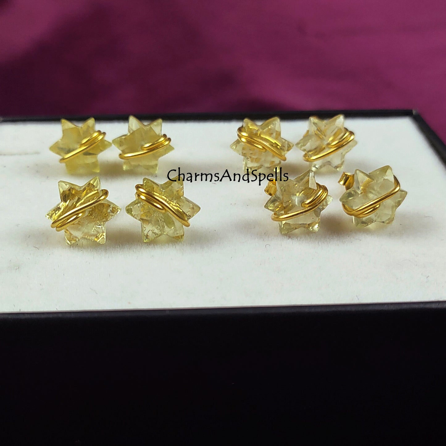 Natural Gemstone Lemon Quartz Star Studs, Statement Earrings, Bright Vivid Yellow Statement Earrings for Women, Wire Wrap Studs, Gift Idea