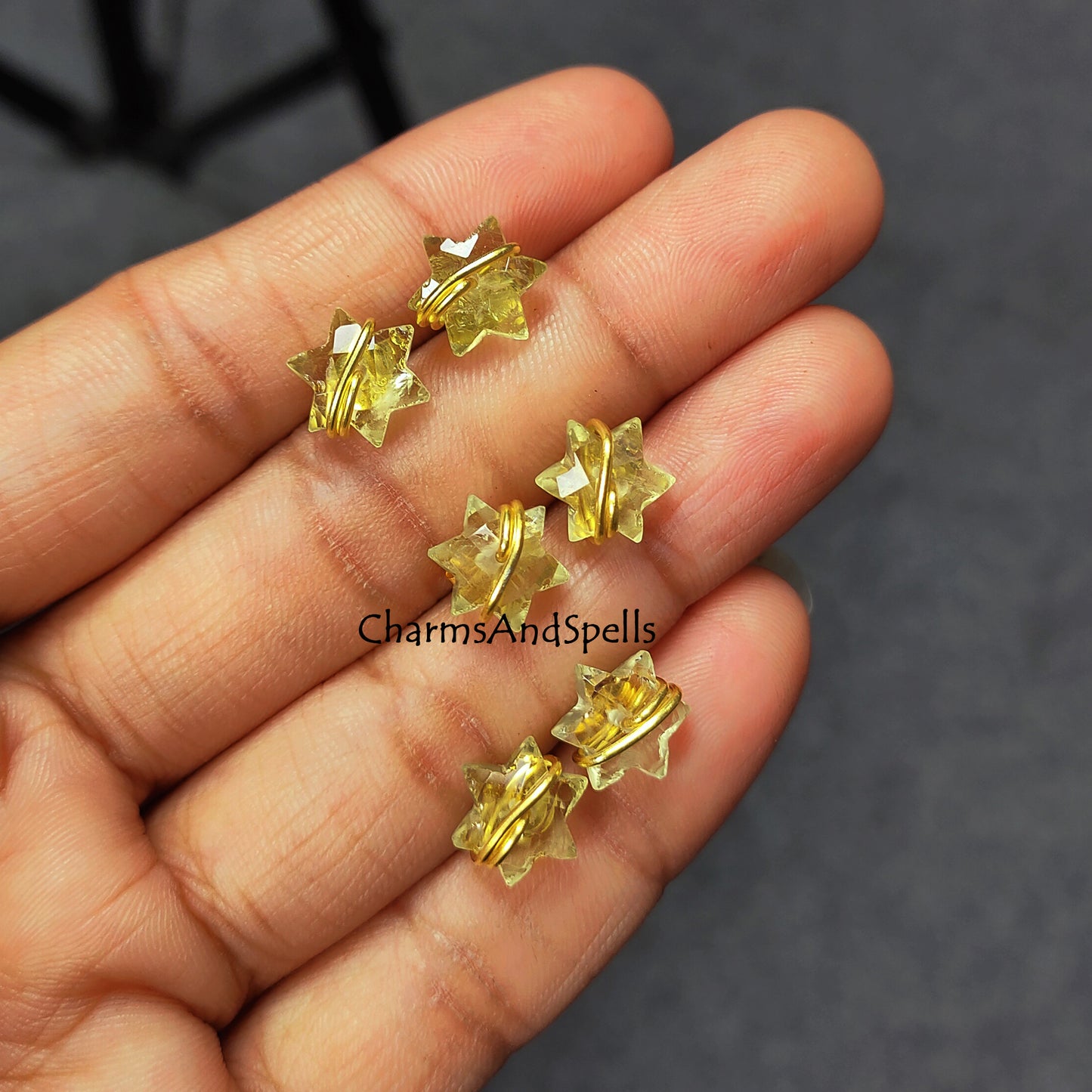 Natural Gemstone Lemon Quartz Star Studs, Statement Earrings, Bright Vivid Yellow Statement Earrings for Women, Wire Wrap Studs, Gift Idea