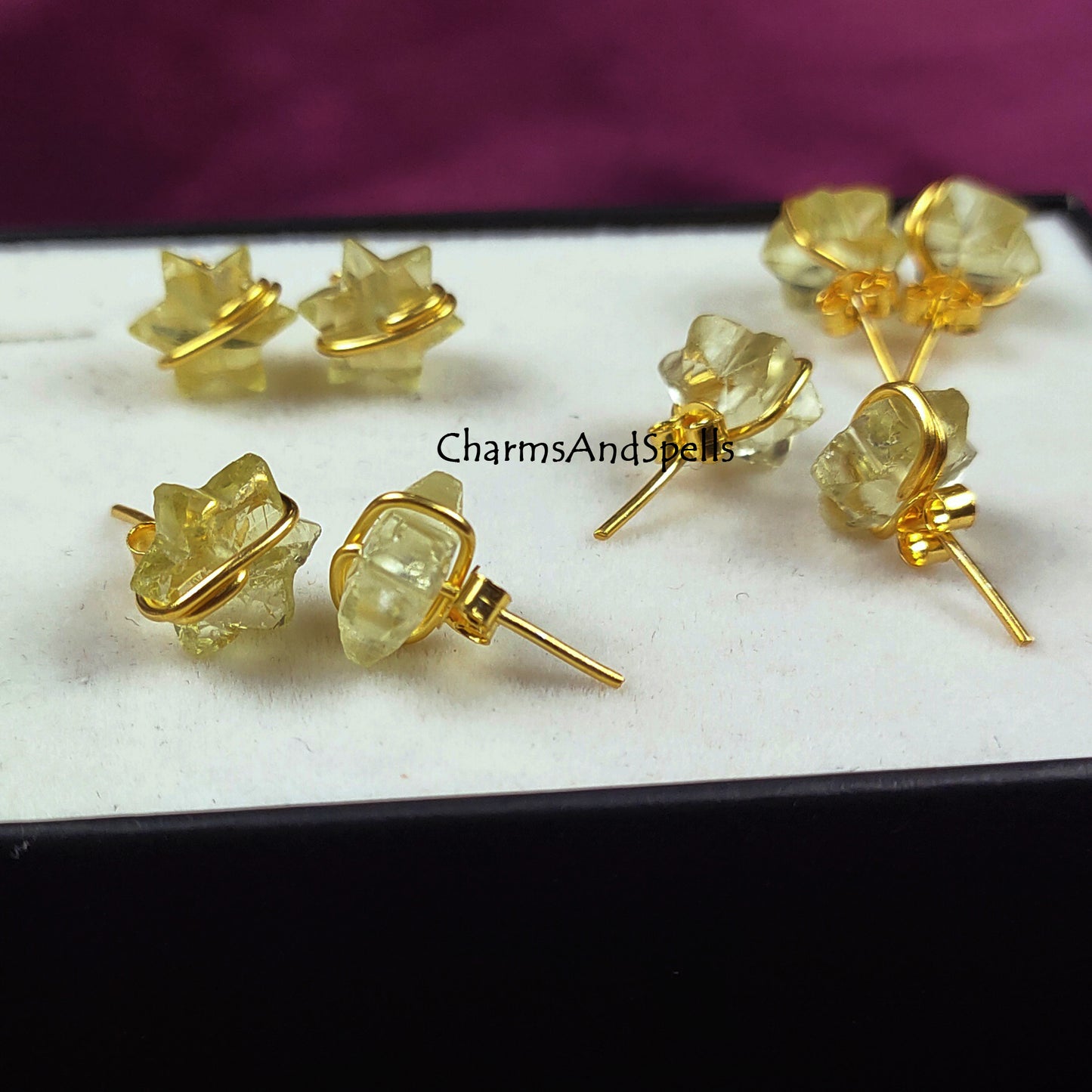 Natural Gemstone Lemon Quartz Star Studs, Statement Earrings, Bright Vivid Yellow Statement Earrings for Women, Wire Wrap Studs, Gift Idea