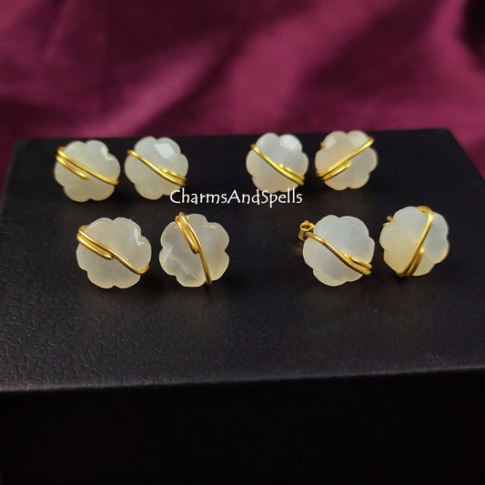 White Moonstone Stud Earrings, Flower Moonstone Earrings, Moonstone Jewelry, Wire Wrap Stud Earrings, Boho Handmade Jewelry, Gift For Women
