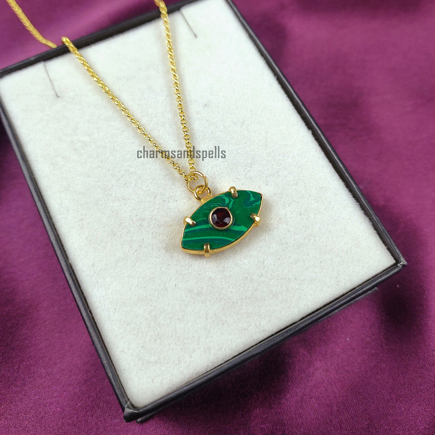 Malachite Evil Eye Necklace, Garnet Charm Necklace, Evil Eye Pendant Necklace, Protection Necklace, Eye Layering Necklace, Mother's Jewelry