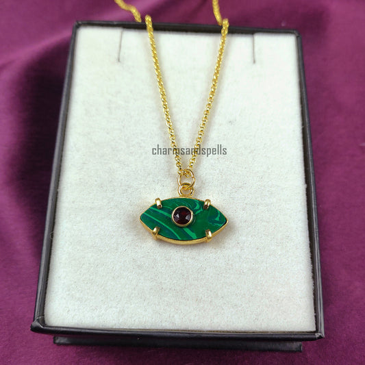 Malachite Evil Eye Necklace, Garnet Charm Necklace, Evil Eye Pendant Necklace, Protection Necklace, Eye Layering Necklace, Mother's Jewelry