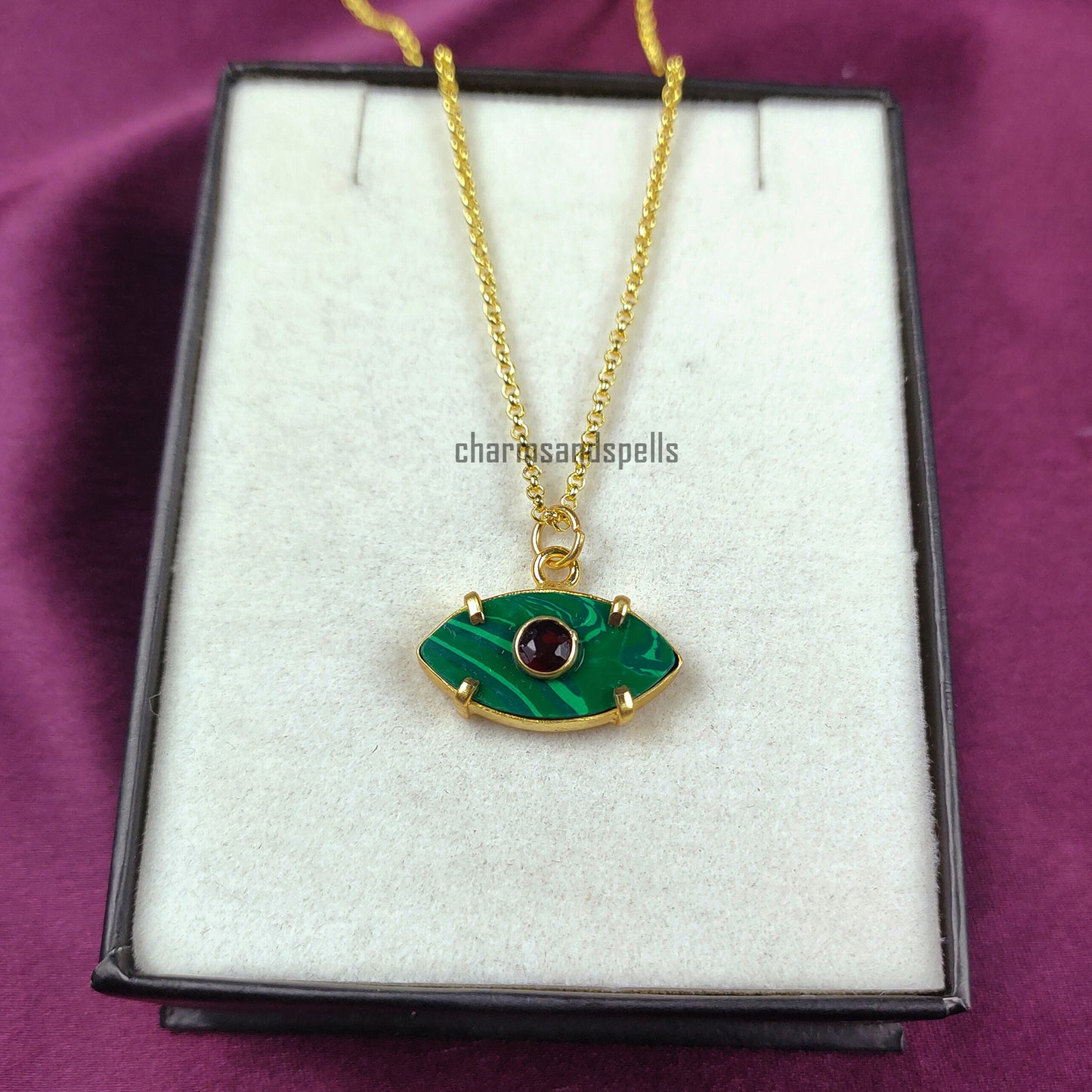 Malachite Evil Eye Necklace, Garnet Charm Necklace, Evil Eye Pendant Necklace, Protection Necklace, Eye Layering Necklace, Mother's Jewelry