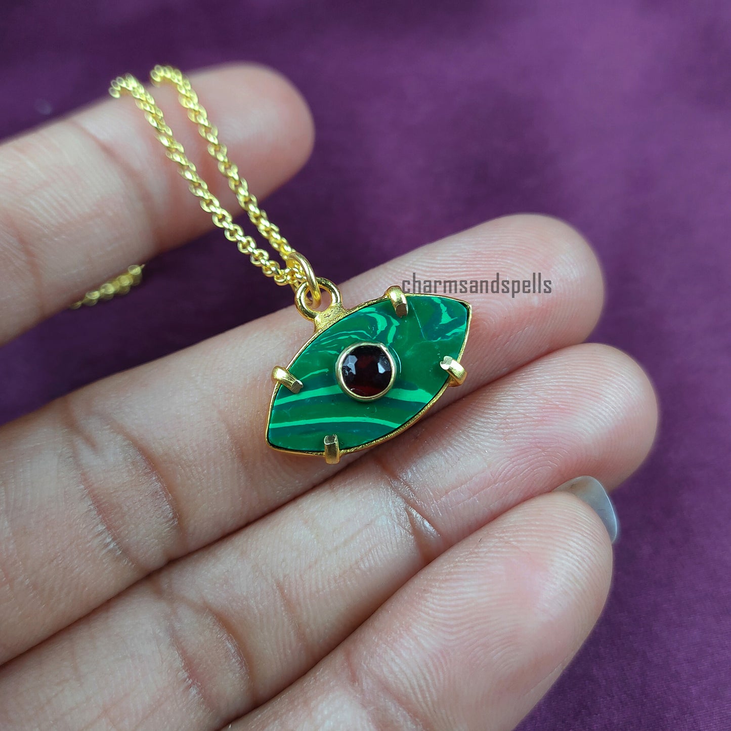 Malachite Evil Eye Necklace, Garnet Charm Necklace, Evil Eye Pendant Necklace, Protection Necklace, Eye Layering Necklace, Mother's Jewelry