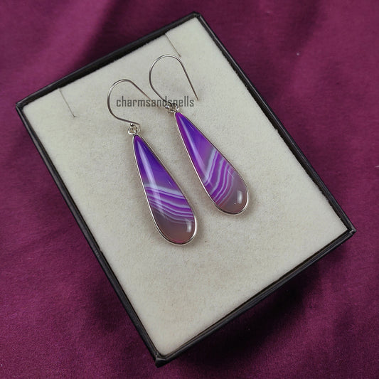 Purple Agate Earrings - Drop Crystal Earring Set, Gemstone Jewelry, 925 Silver Plated Dangle Earrings, Healing Crystal and Stone, Gift Idea