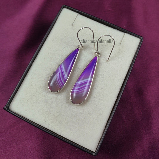 Purple Agate Earrings - Drop Crystal Earring Set, Gemstone Jewelry, 925 Silver Plated Dangle Earrings, Healing Crystal and Stone, Gift Idea