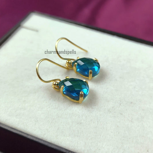 Blue Topaz Earrings, 14K Gold Plated Earrings, Swiss Blue Topaz Mothers Day Dangle Earrings, Minimalist Earrings, Blue Topaz Jewelry, Gift
